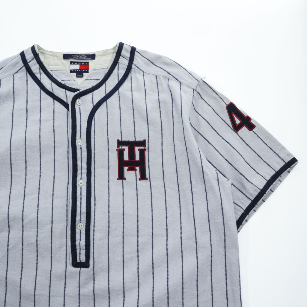 TOMMY HILFIGER 90年代 ヴィンテージ 半袖 ベースボールシャツ M グレー ストライプ 刺繍
