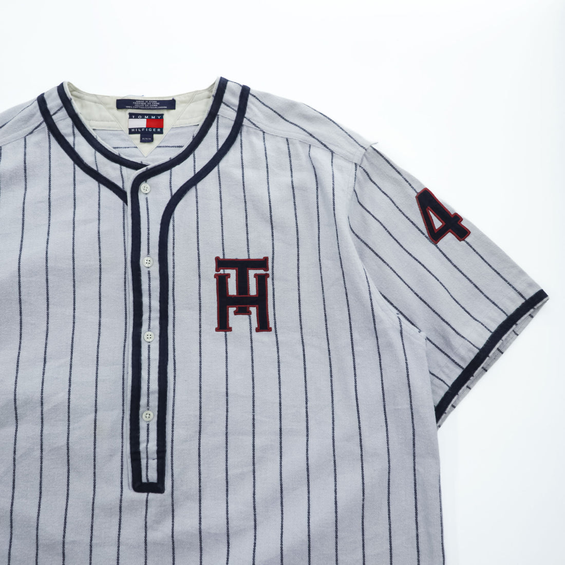 TOMMY HILFIGER 90年代 ヴィンテージ 半袖 ベースボールシャツ M グレー ストライプ 刺繍
