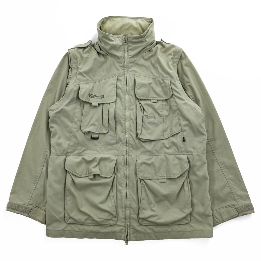 Vintage 90s Columbia PFG 2-Way Convertible Fishing Jacket Vest Hood M Beige