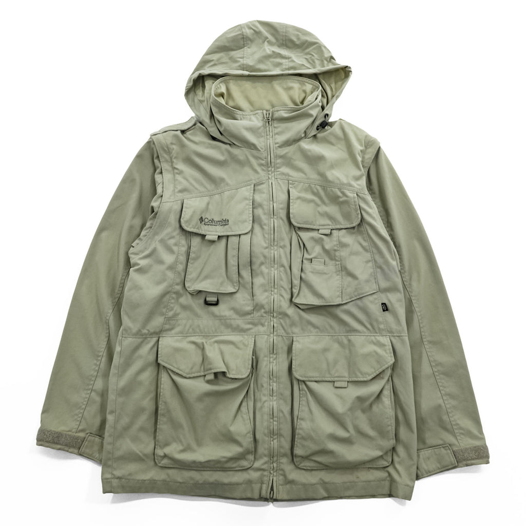 Vintage 90s Columbia PFG 2-Way Convertible Fishing Jacket Vest Hood M Beige