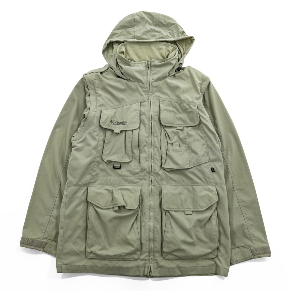 Vintage 90s Columbia PFG 2-Way Convertible Fishing Jacket Vest Hood M Beige