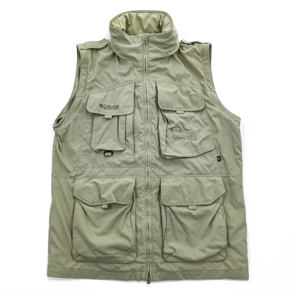 Vintage 90s Columbia PFG 2-Way Convertible Fishing Jacket Vest Hood M Beige
