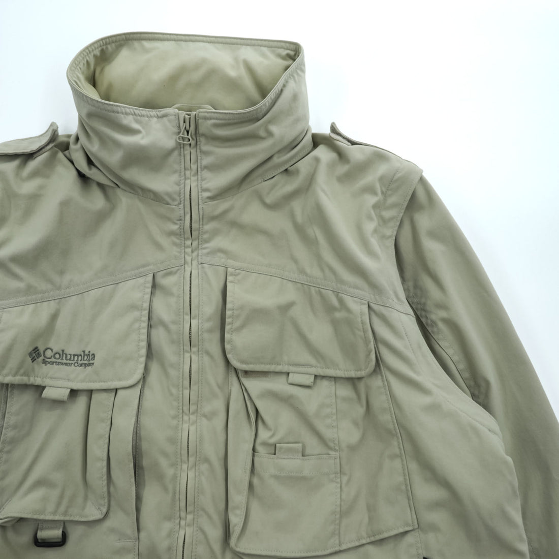 Vintage 90s Columbia PFG 2-Way Convertible Fishing Jacket Vest Hood M Beige