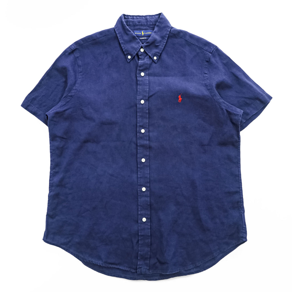 Ralph Lauren リネン100% 半袖シャツ CLASSIC FIT L ネイビー 麻 ポニー ロゴ 刺繍 ボタンダウン