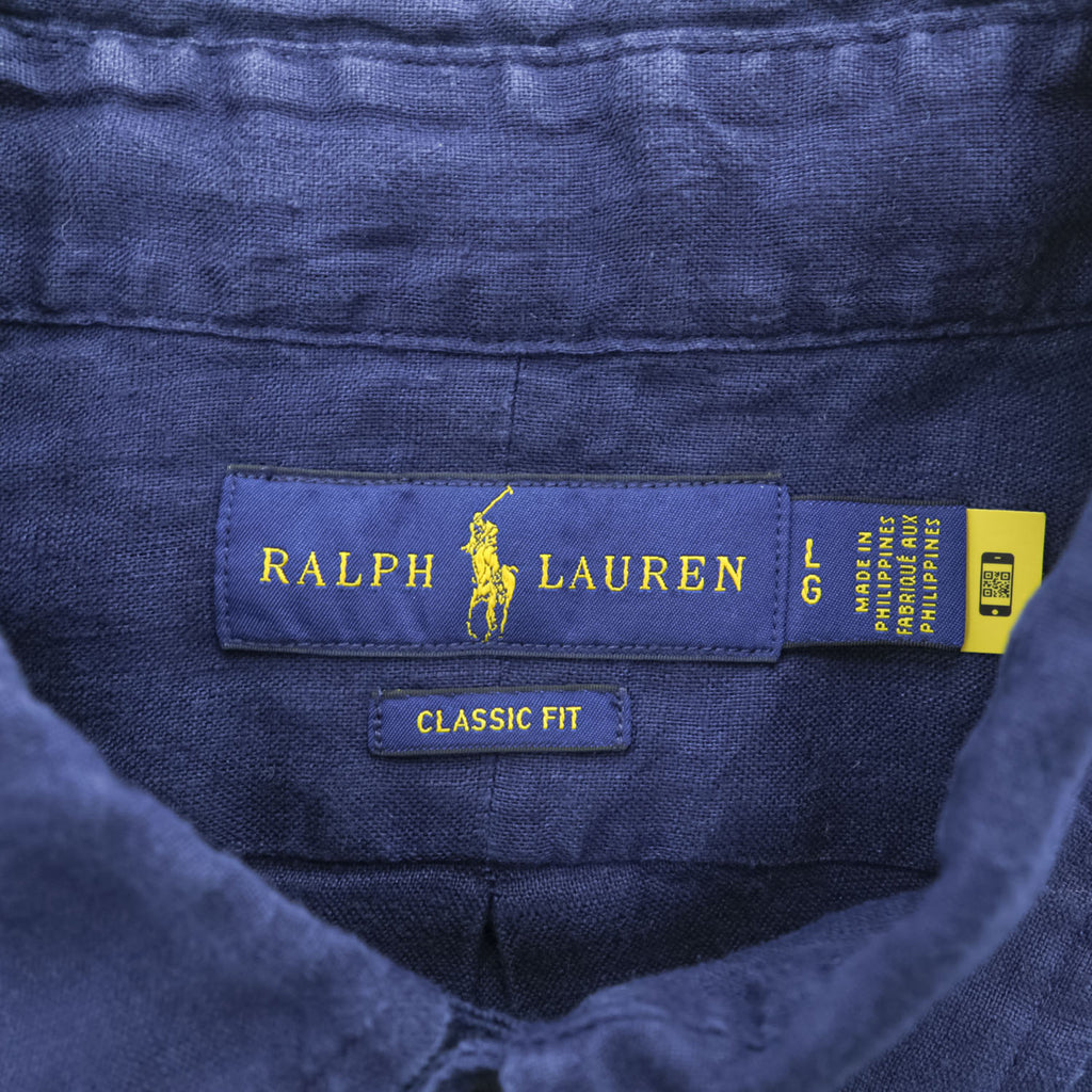 Ralph Lauren リネン100% 半袖シャツ CLASSIC FIT L ネイビー 麻 ポニー ロゴ 刺繍 ボタンダウン