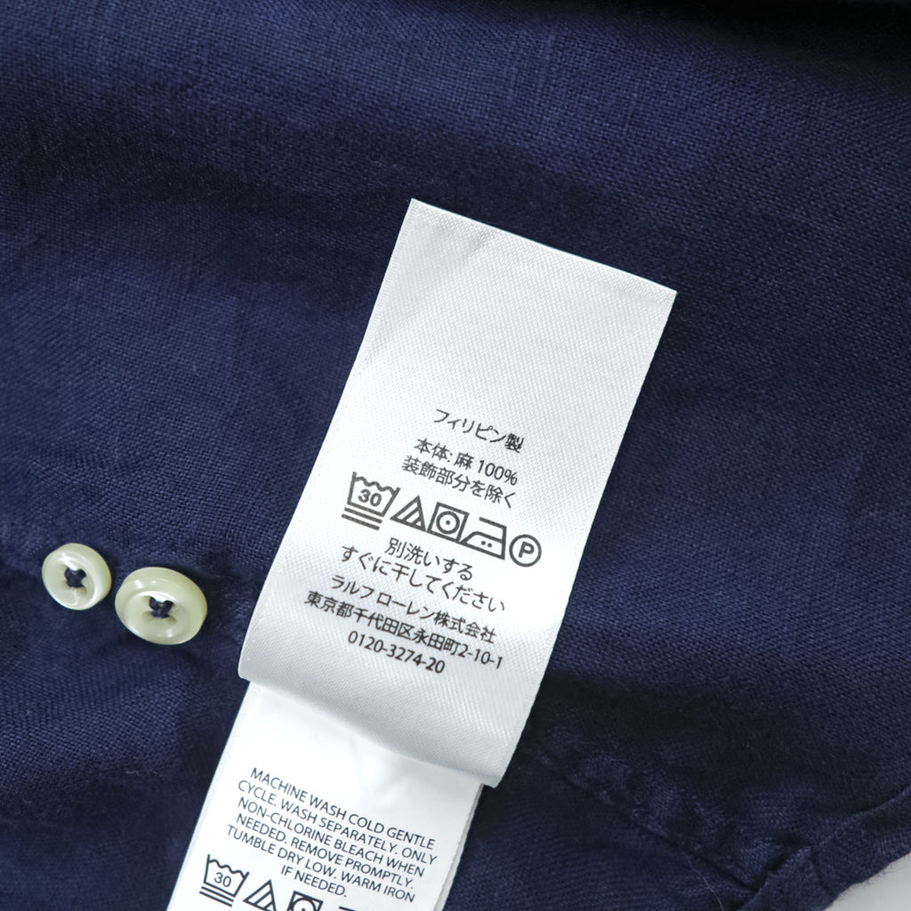 Ralph Lauren リネン100% 半袖シャツ CLASSIC FIT L ネイビー 麻 ポニー ロゴ 刺繍 ボタンダウン