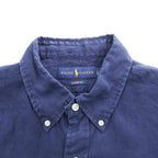 Ralph Lauren リネン100% 半袖シャツ CLASSIC FIT L ネイビー 麻 ポニー ロゴ 刺繍 ボタンダウン