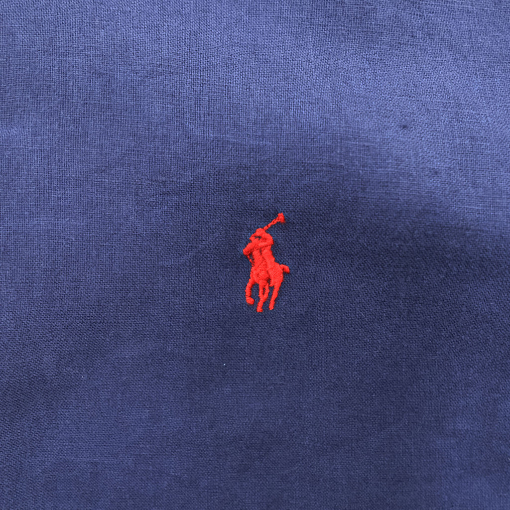 Ralph Lauren リネン100% 半袖シャツ CLASSIC FIT L ネイビー 麻 ポニー ロゴ 刺繍 ボタンダウン