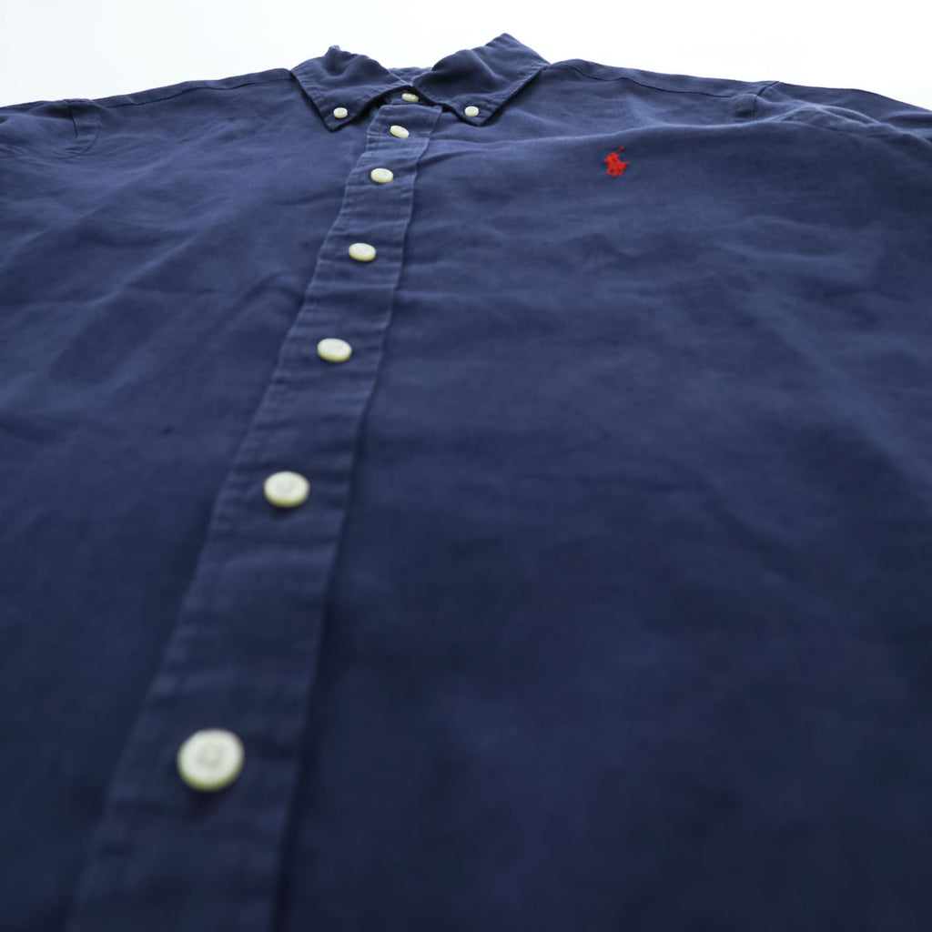 Ralph Lauren リネン100% 半袖シャツ CLASSIC FIT L ネイビー 麻 ポニー ロゴ 刺繍 ボタンダウン