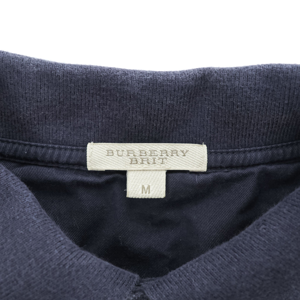 BURBERRY BRIT Embroidered Equestrian Knight Logo Striped Short Sleeve Polo Shirt Navy Gray Size M