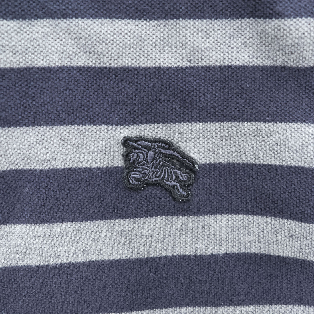 BURBERRY BRIT Embroidered Equestrian Knight Logo Striped Short Sleeve Polo Shirt Navy Gray Size M