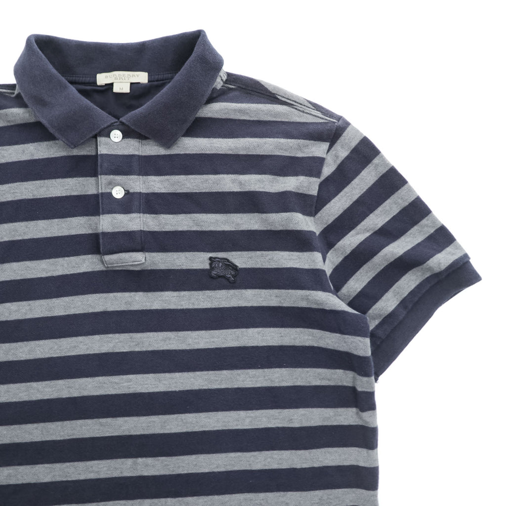 BURBERRY BRIT Embroidered Equestrian Knight Logo Striped Short Sleeve Polo Shirt Navy Gray Size M