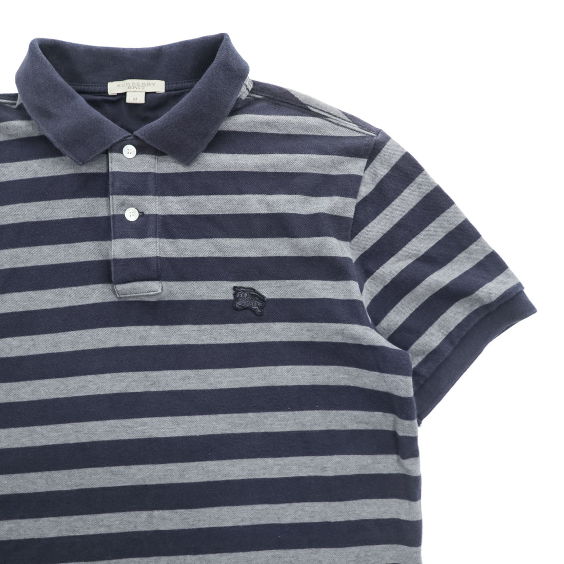 BURBERRY BRIT Embroidered Equestrian Knight Logo Striped Short Sleeve Polo Shirt Navy Gray Size M