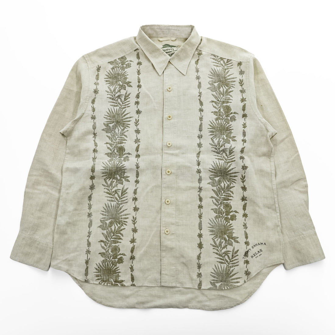 Tommy Bahama リネン100% 長袖シャツ XL ベージュ 麻 ボタニカル柄 RELAX