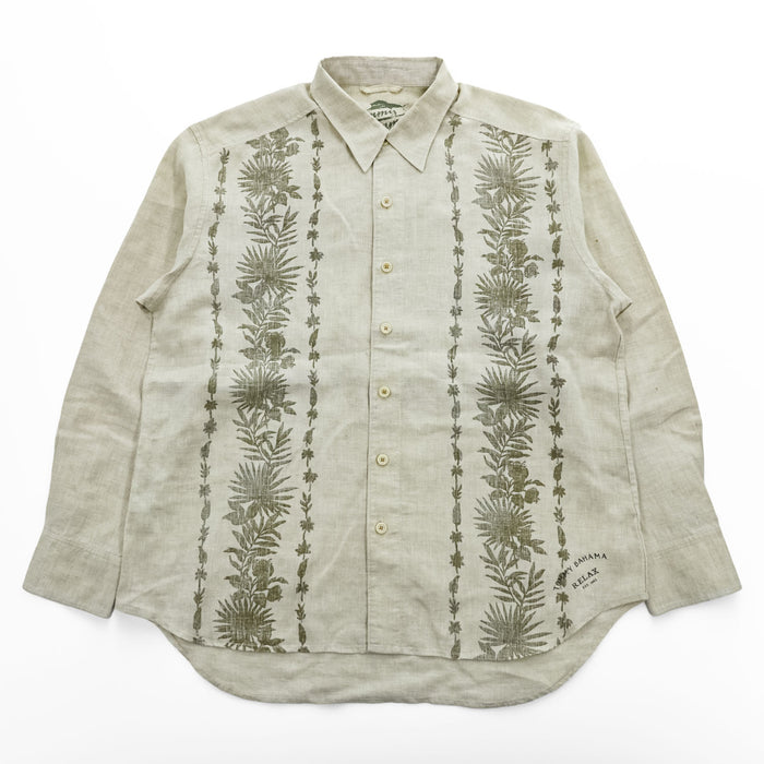 Tommy Bahama リネン100% 長袖シャツ XL ベージュ 麻 ボタニカル柄 RELAX