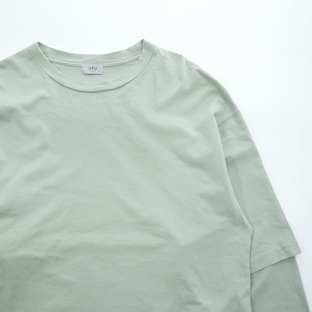 URU 日本製 レイヤード 長袖 ロングスリーブ Tシャツ ロンT L ミントグリーン コットン100%