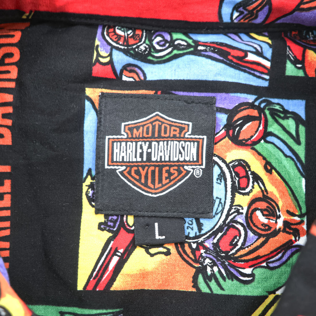 HARLEY DAVIDSON 90年代 ハワイ(USA)製 アロハシャツ 半袖シャツ L ブラック 総柄 モーターサイクル TORI RICHARD