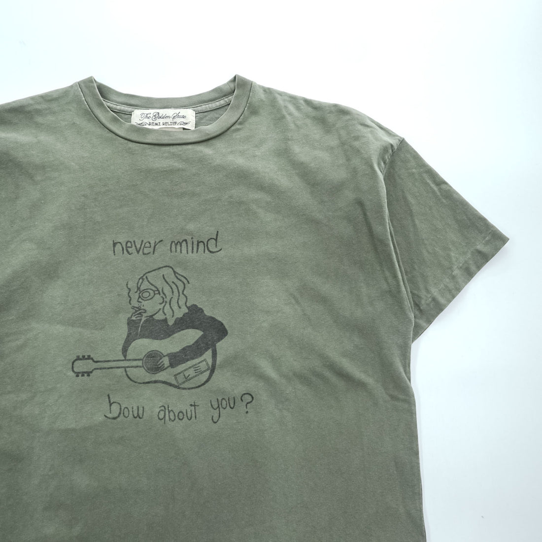 REMI RELIEF The Golden State Never Mind Guitar Graphic Vintage Wash Olive T-Shirt Size M Made in Japan