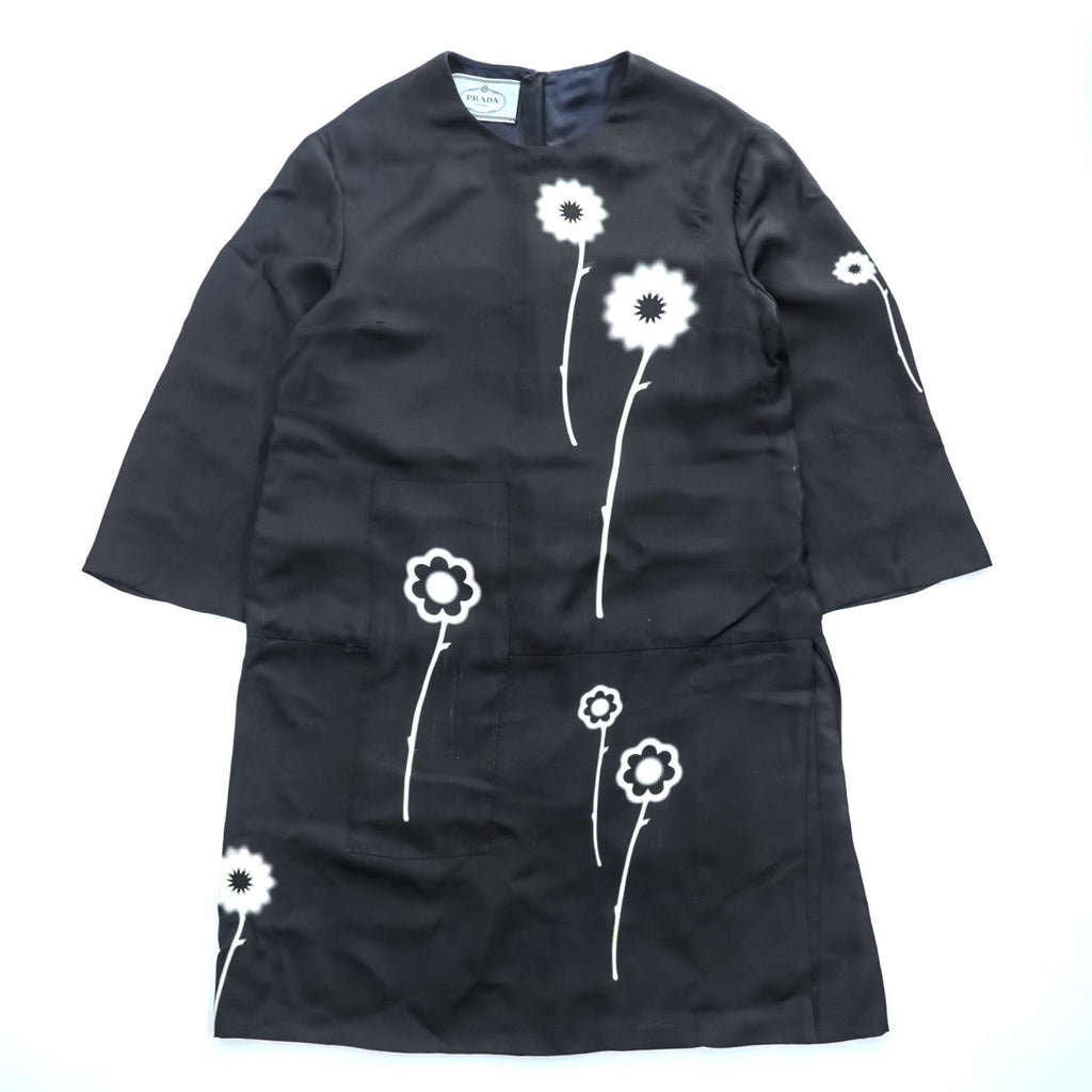 PRADA Floral Print Long Sleeve Dress Black White Size 42 Made in Italy