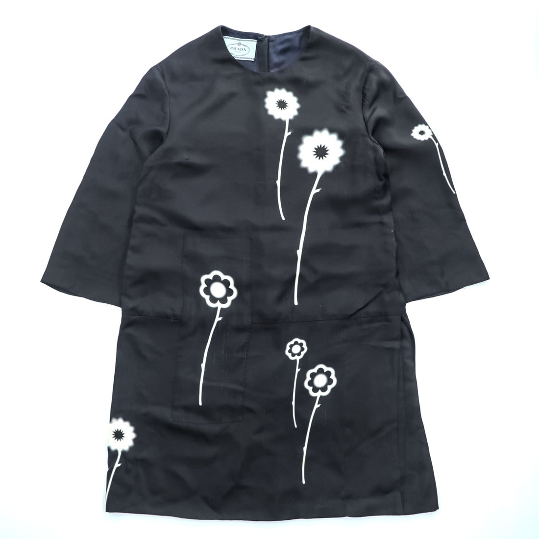 PRADA Floral Print Long Sleeve Dress Black White Size 42 Made in Italy