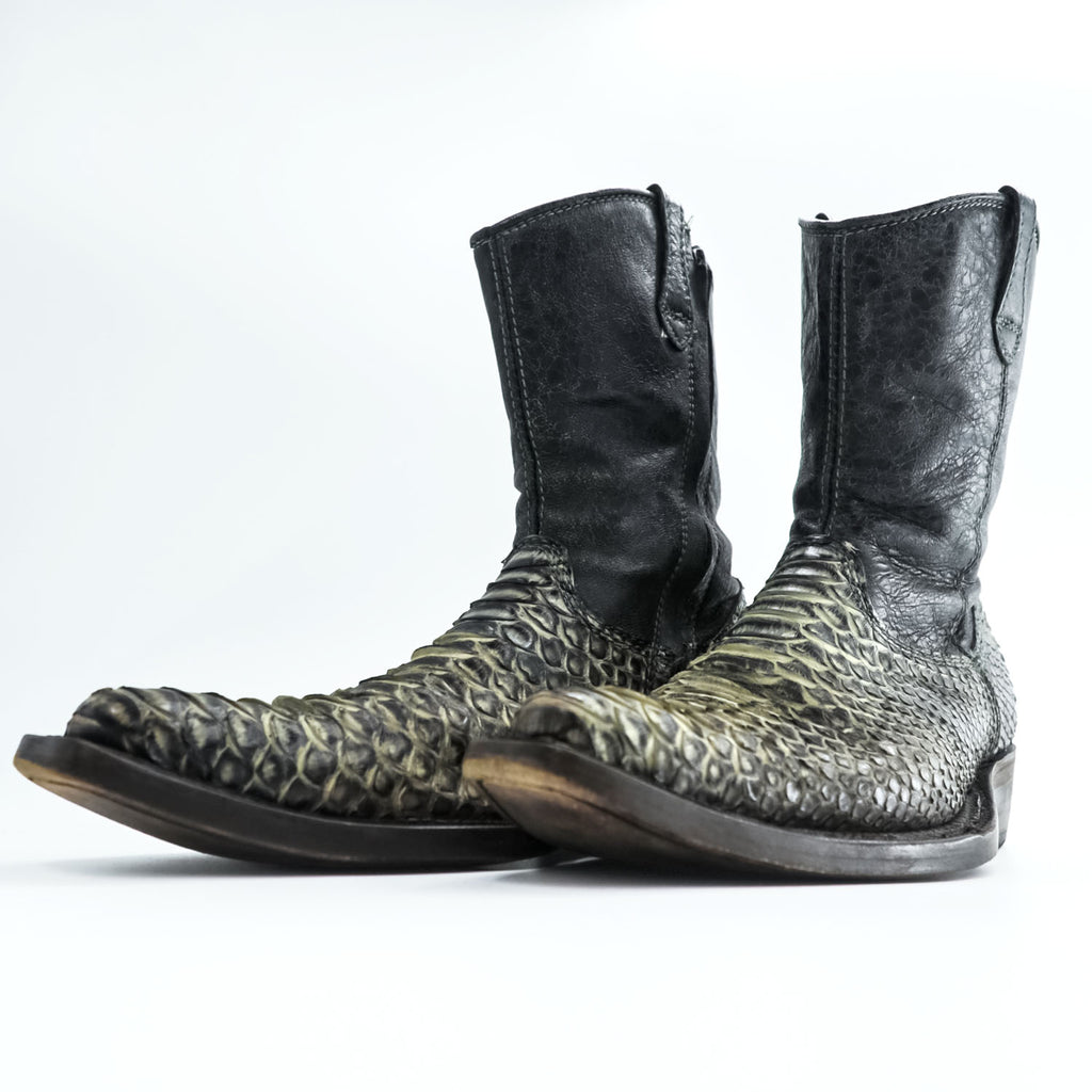 CUADRA Python Leather Western Boots, US9, Black Side Zip