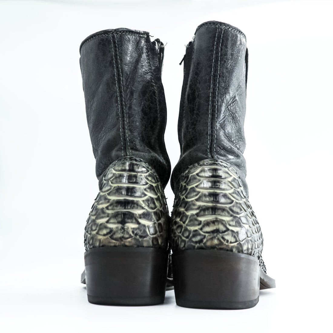 CUADRA Python Leather Western Boots, US9, Black Side Zip