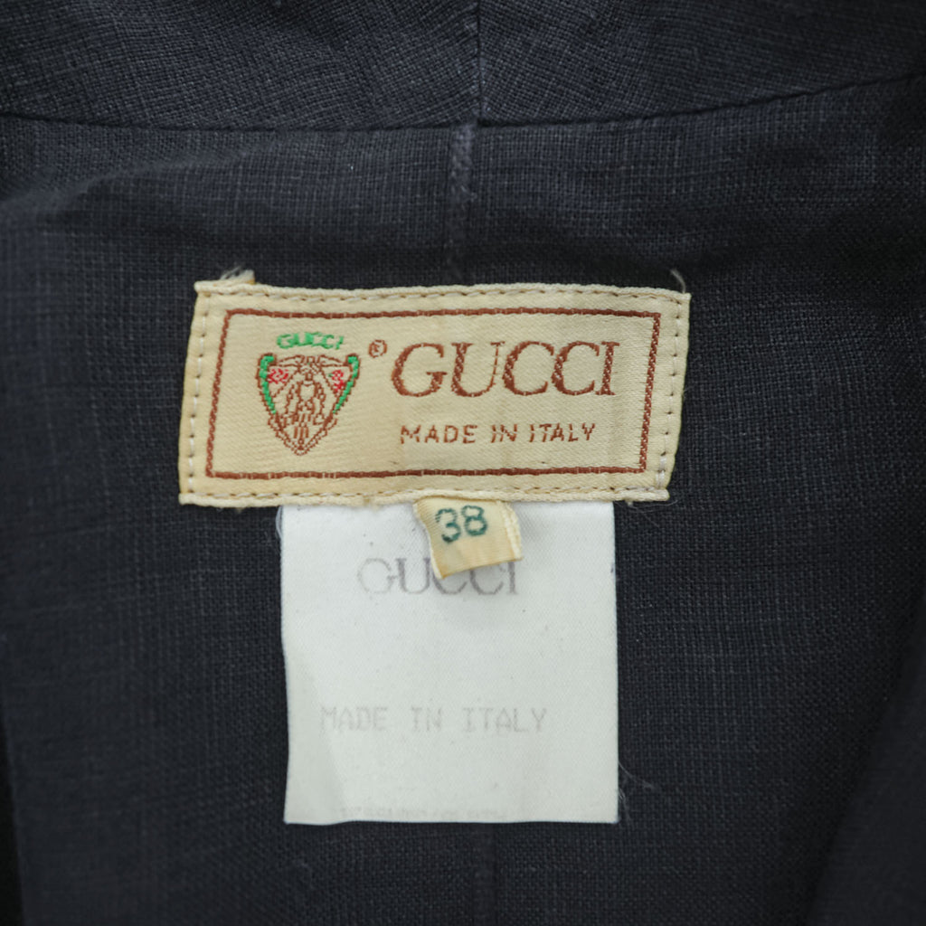 GUCCI イタリア製 80年代 ヴィンテージ リネン ローブジャケット ブレザー M ブラック 麻 ストライプ
