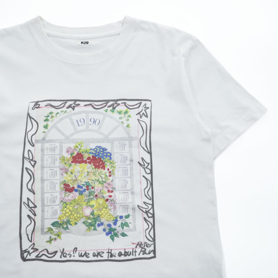 KHOKI 日本製 フラワーカレンダー グラフィック Tシャツ M ホワイト プリント Marché de Clignancourt 23aw-t-01-b-white