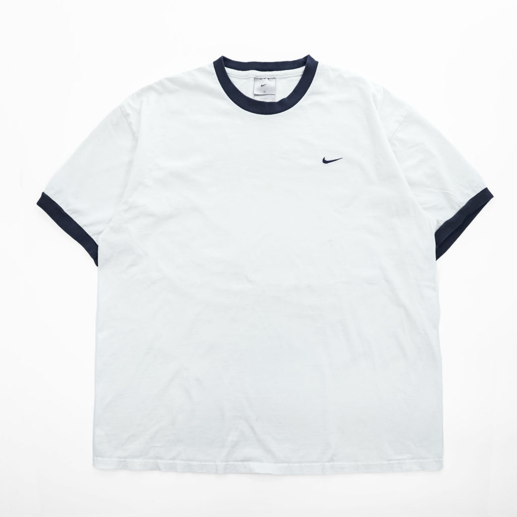 NIKE 90年代 USA製 ヴィンテージ リンガーTシャツ XL ホワイト ネイビー 刺繍 スウォッシュ