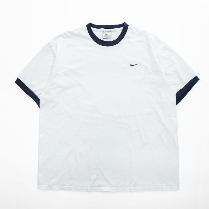 NIKE 90年代 USA製 ヴィンテージ リンガーTシャツ XL ホワイト ネイビー 刺繍 スウォッシュ
