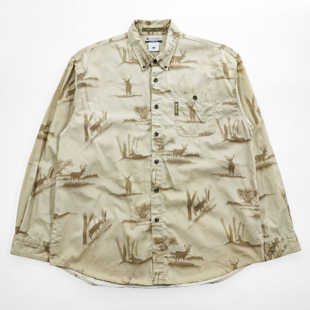 Columbia 長袖 ボタンダウンシャツ RIVER LODGE M ベージュ 総柄 アニマル 胸ポケット HM7026