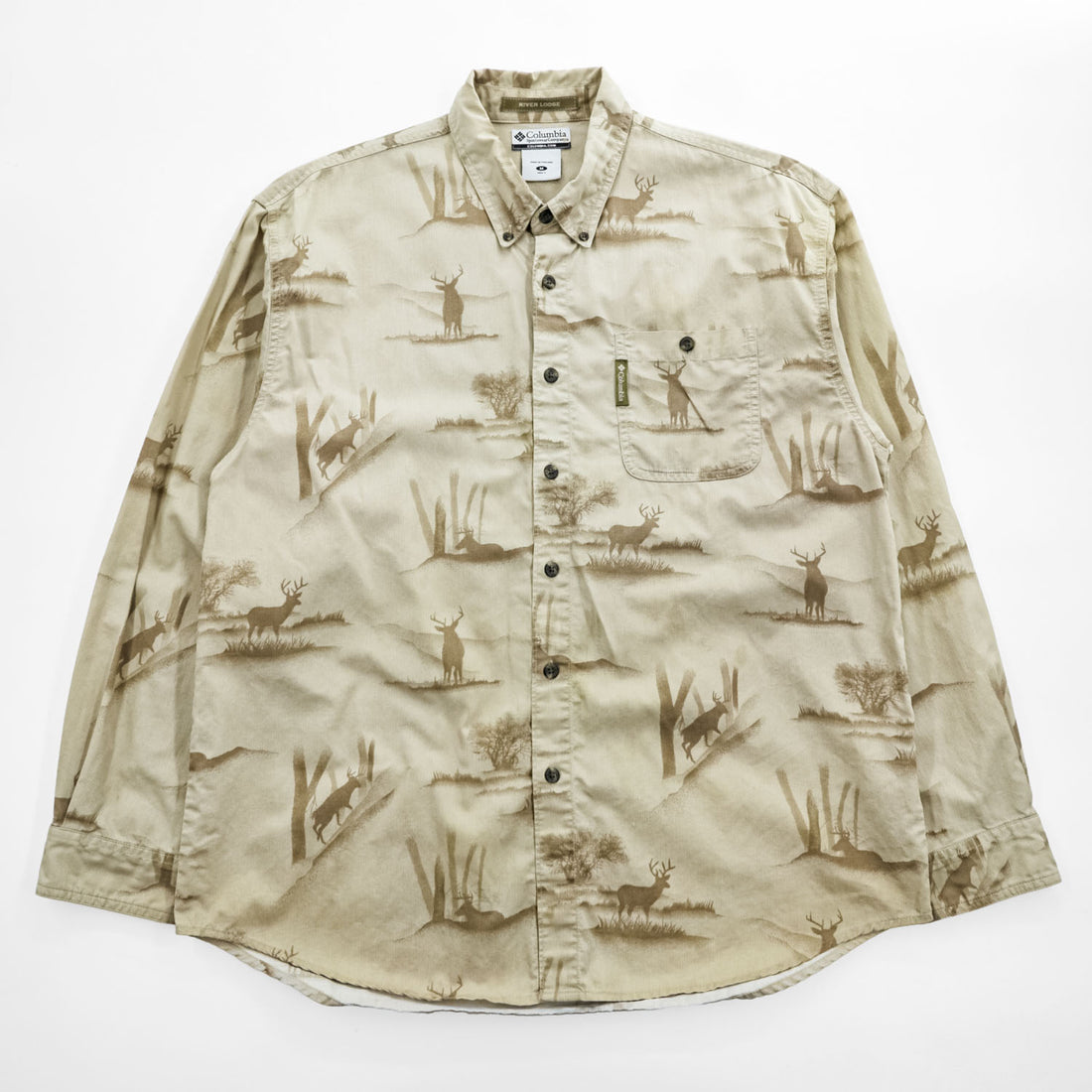 Columbia 長袖 ボタンダウンシャツ RIVER LODGE M ベージュ 総柄 アニマル 胸ポケット HM7026
