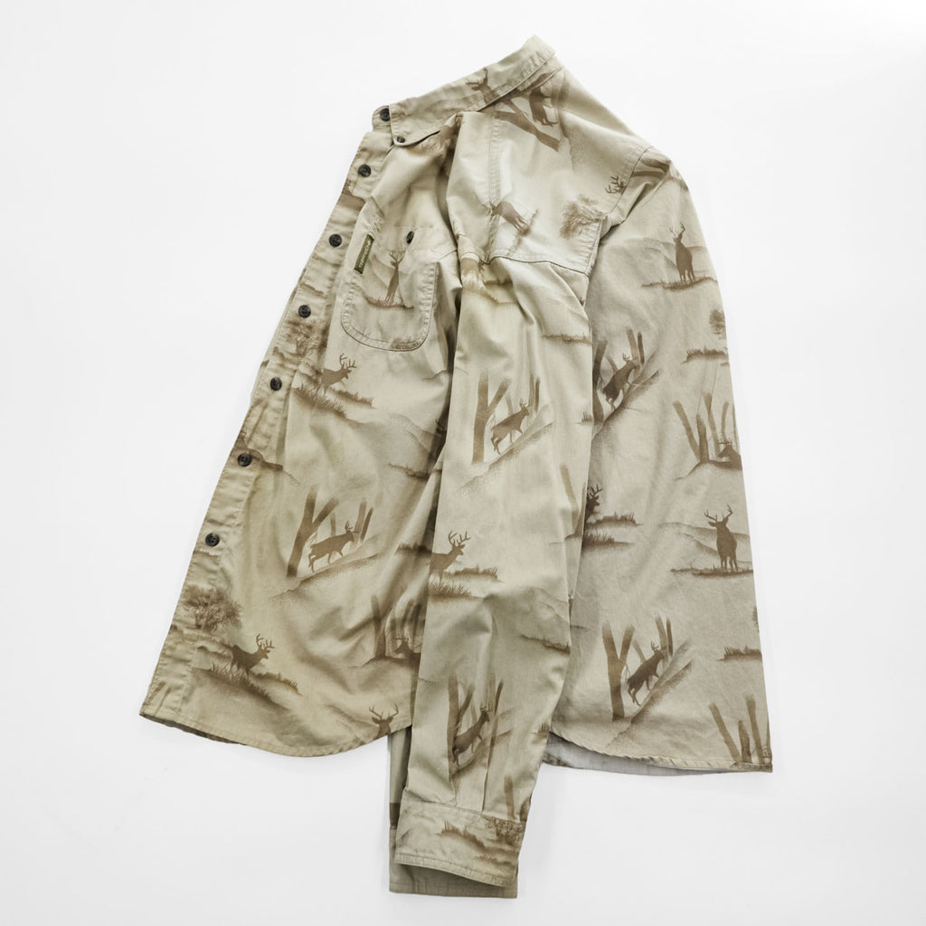 Columbia 長袖 ボタンダウンシャツ RIVER LODGE M ベージュ 総柄 アニマル 胸ポケット HM7026