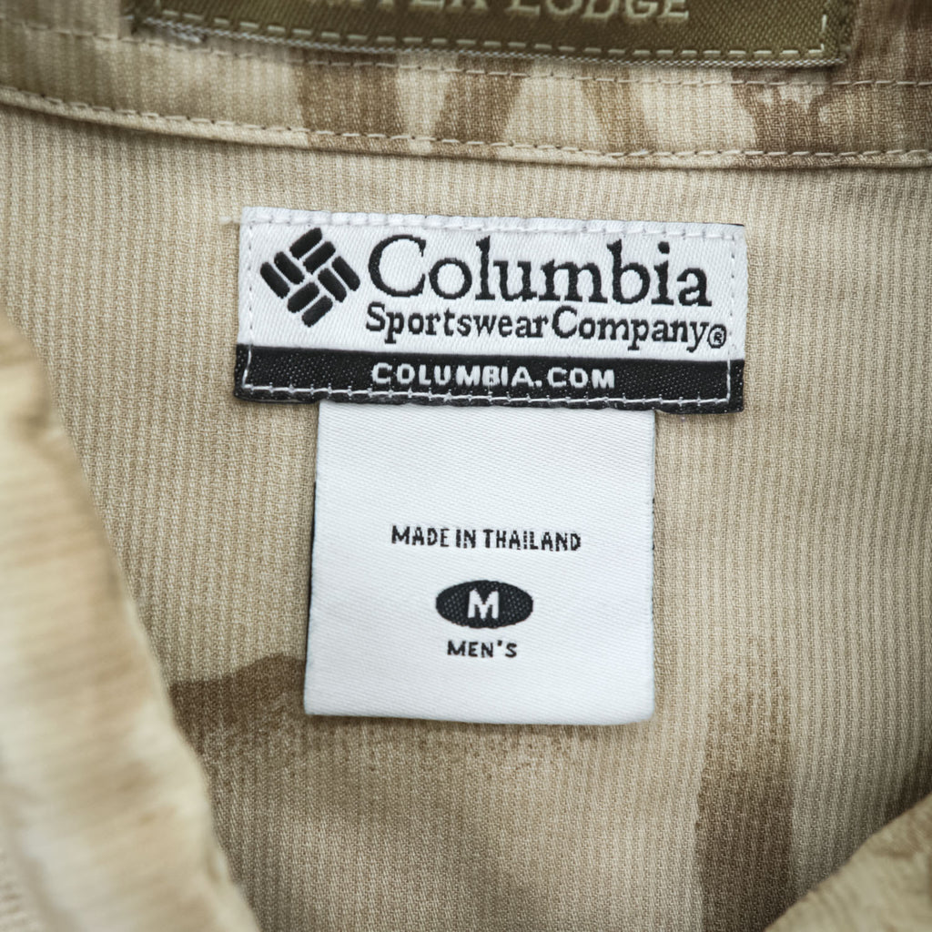 Columbia 長袖 ボタンダウンシャツ RIVER LODGE M ベージュ 総柄 アニマル 胸ポケット HM7026