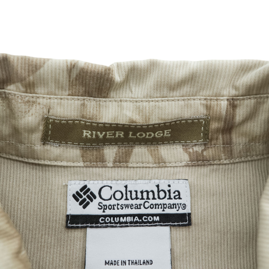 Columbia 長袖 ボタンダウンシャツ RIVER LODGE M ベージュ 総柄 アニマル 胸ポケット HM7026