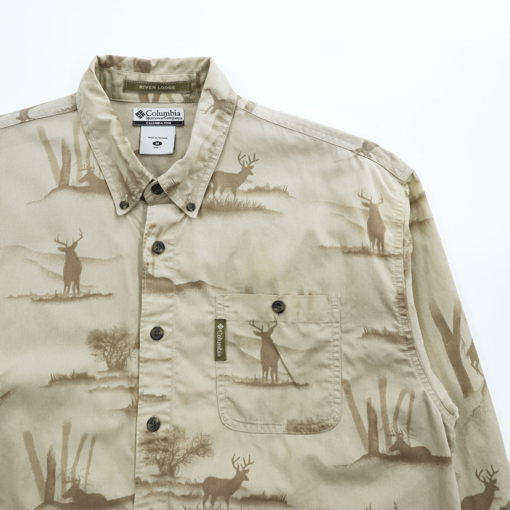 Columbia 長袖 ボタンダウンシャツ RIVER LODGE M ベージュ 総柄 アニマル 胸ポケット HM7026
