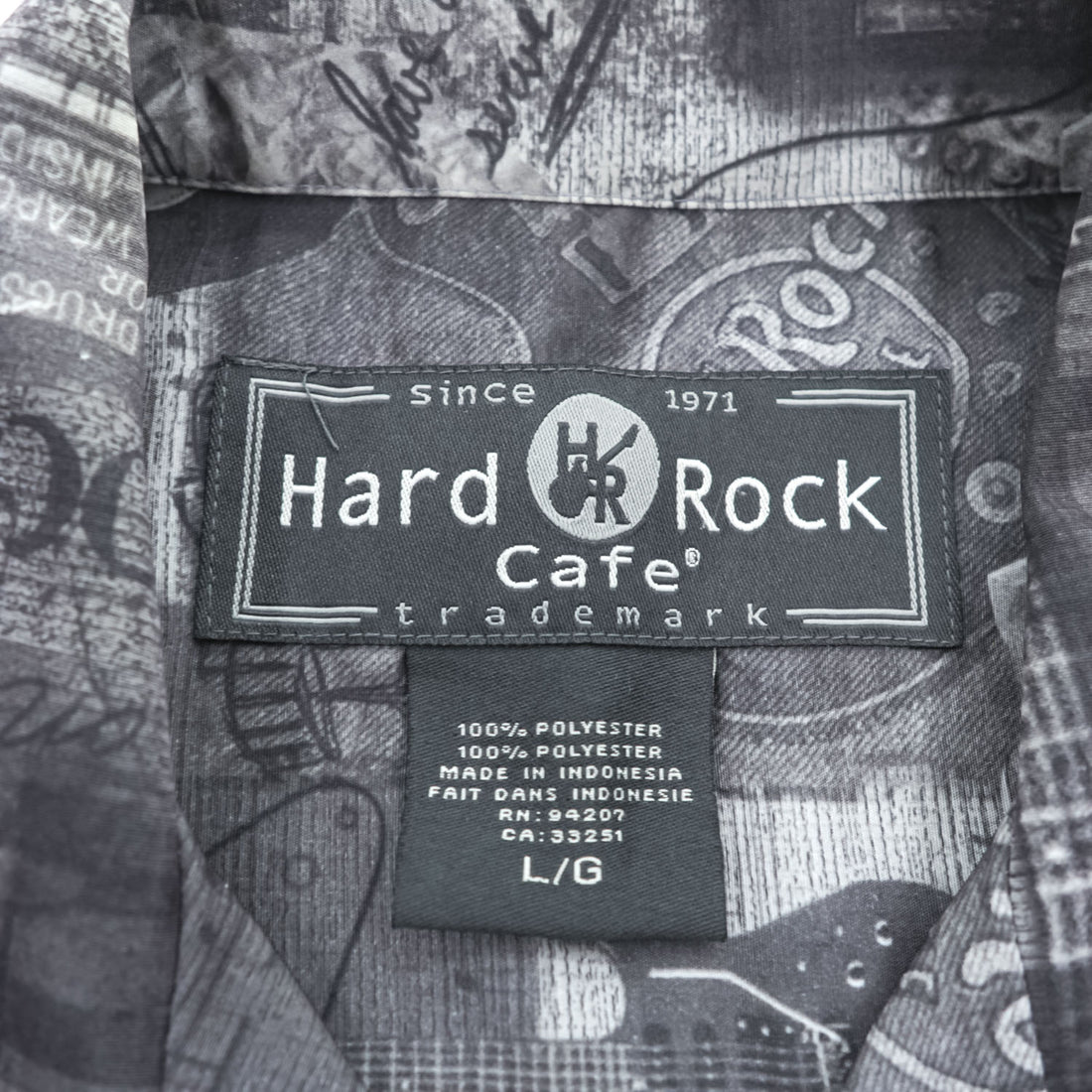 Hard Rock Cafe 半袖 オープンカラーシャツ 開襟 アロハシャツ L グレー 総柄 モノクロ Honolulu ボックスシルエット