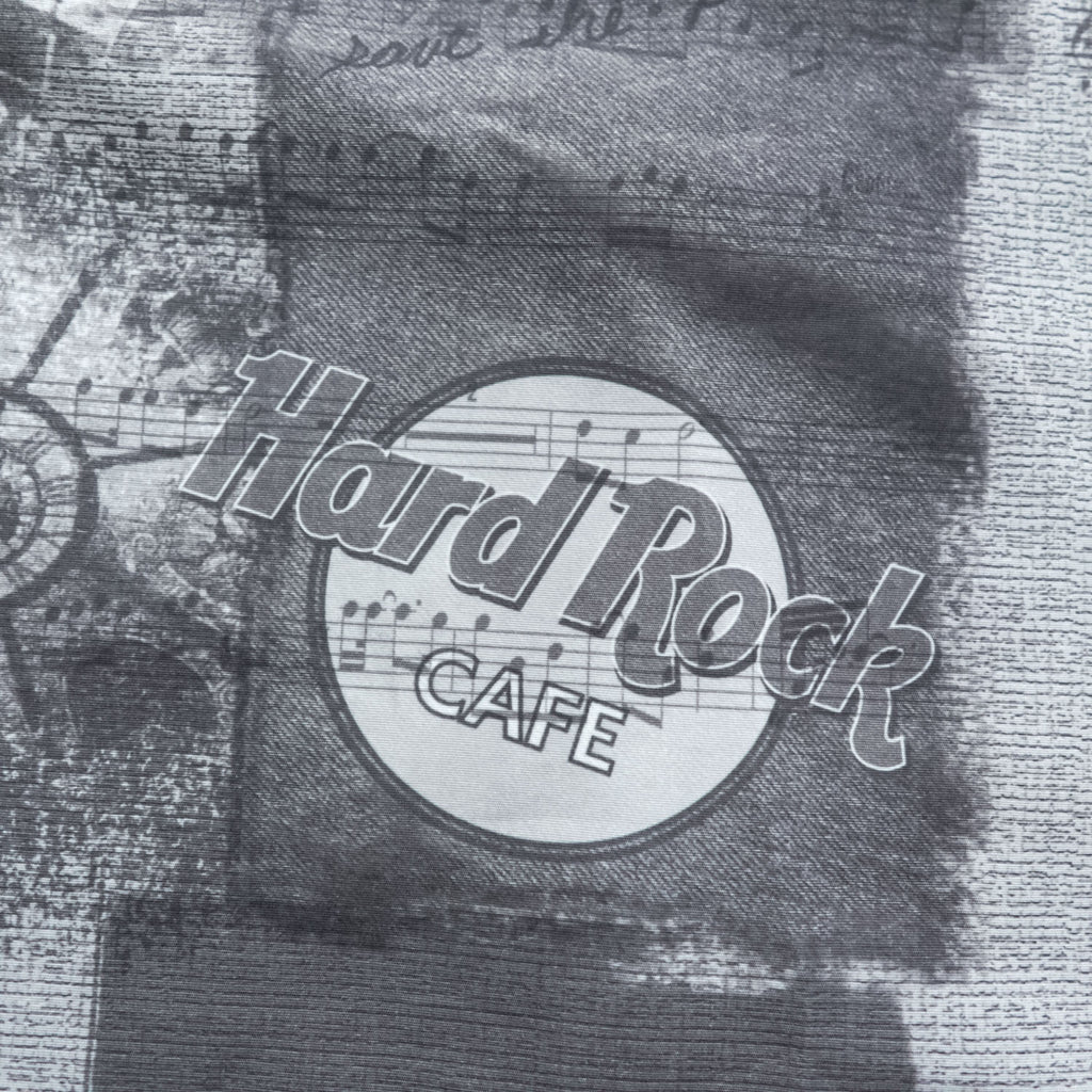 Hard Rock Cafe 半袖 オープンカラーシャツ 開襟 アロハシャツ L グレー 総柄 モノクロ Honolulu ボックスシルエット