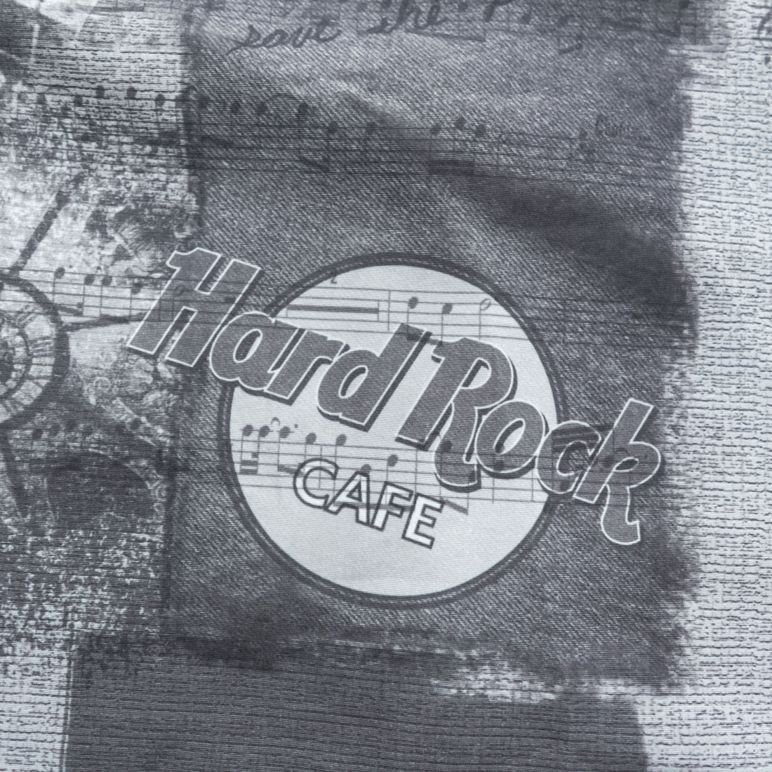 Hard Rock Cafe 半袖 オープンカラーシャツ 開襟 アロハシャツ L グレー 総柄 モノクロ Honolulu ボックスシルエット