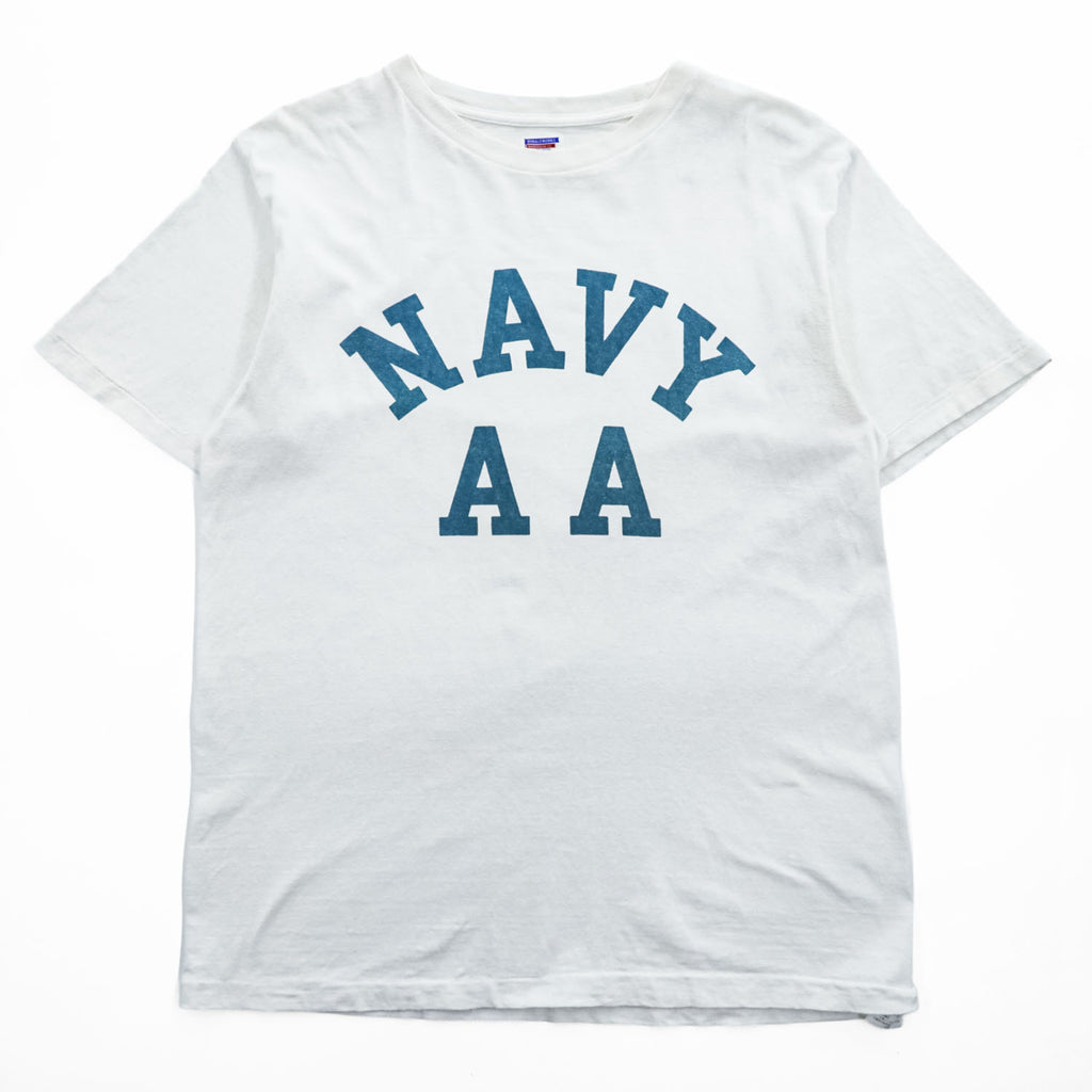 DUBBLE WORKS ( WAREHOUSE ) 日本製 Tシャツ L ホワイト シングルステッチ NAVY AA 染み込みプリント