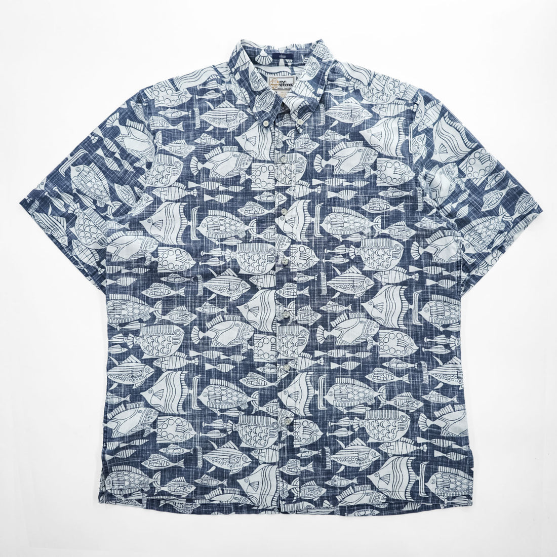 reyn spooner 90年代 ヴィンテージ アロハシャツ 半袖シャツ XL インディゴ ブルー 総柄 CLASSIC ビキニタグ ボタンダウン 魚