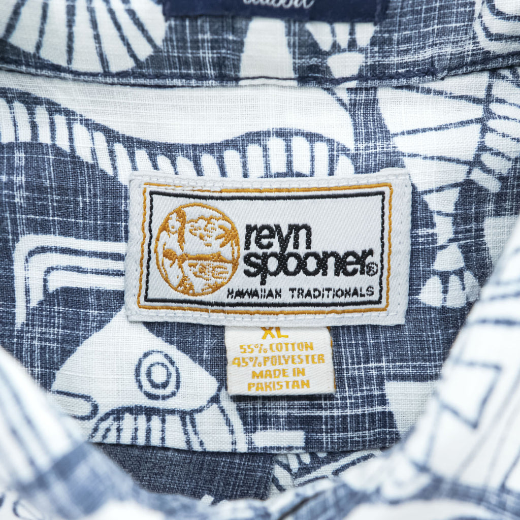 reyn spooner 90年代 ヴィンテージ アロハシャツ 半袖シャツ XL インディゴ ブルー 総柄 CLASSIC ビキニタグ ボタンダウン 魚