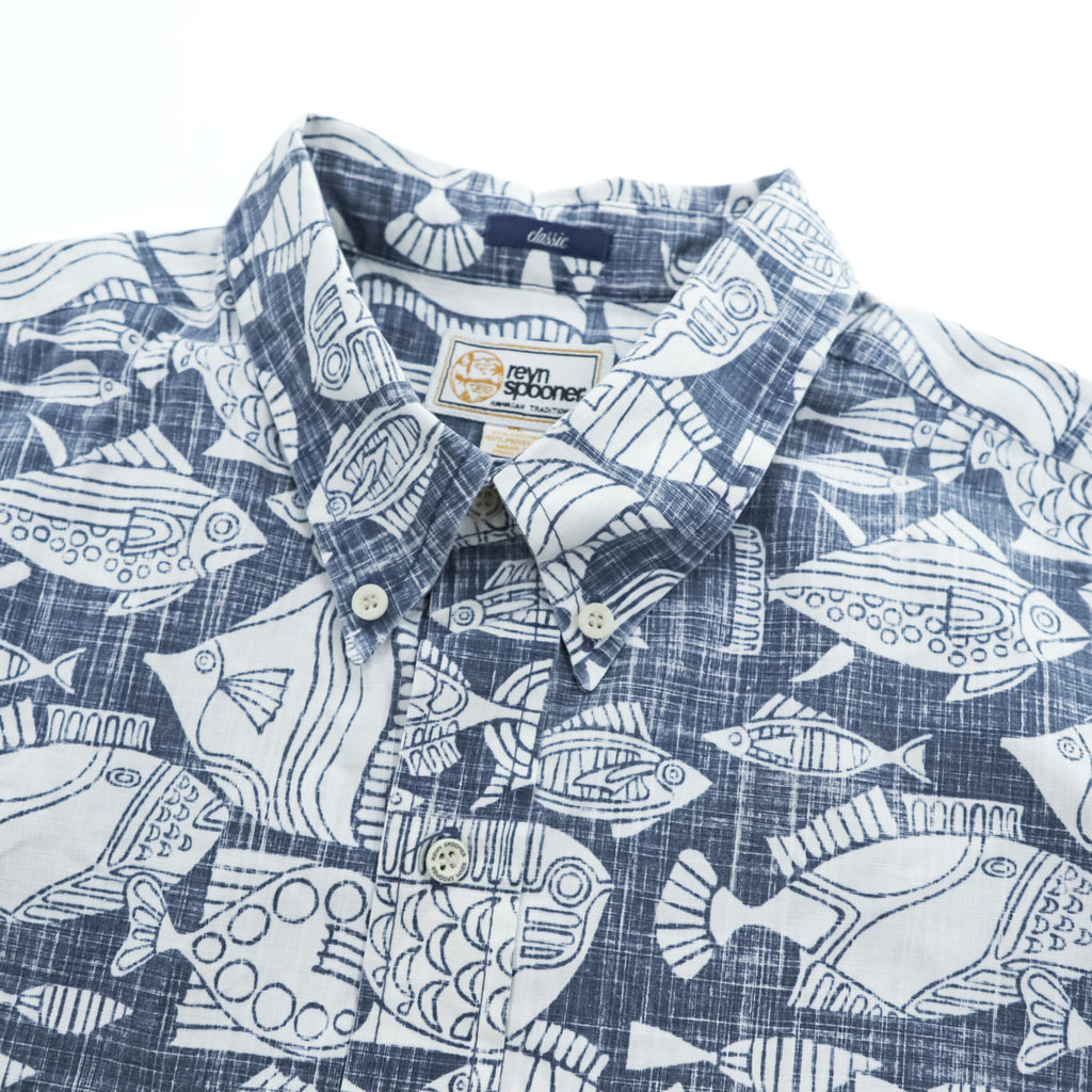 reyn spooner 90年代 ヴィンテージ アロハシャツ 半袖シャツ XL インディゴ ブルー 総柄 CLASSIC ビキニタグ ボタンダウン 魚
