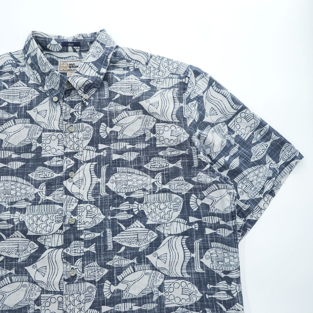 reyn spooner 90年代 ヴィンテージ アロハシャツ 半袖シャツ XL インディゴ ブルー 総柄 CLASSIC ビキニタグ ボタンダウン 魚