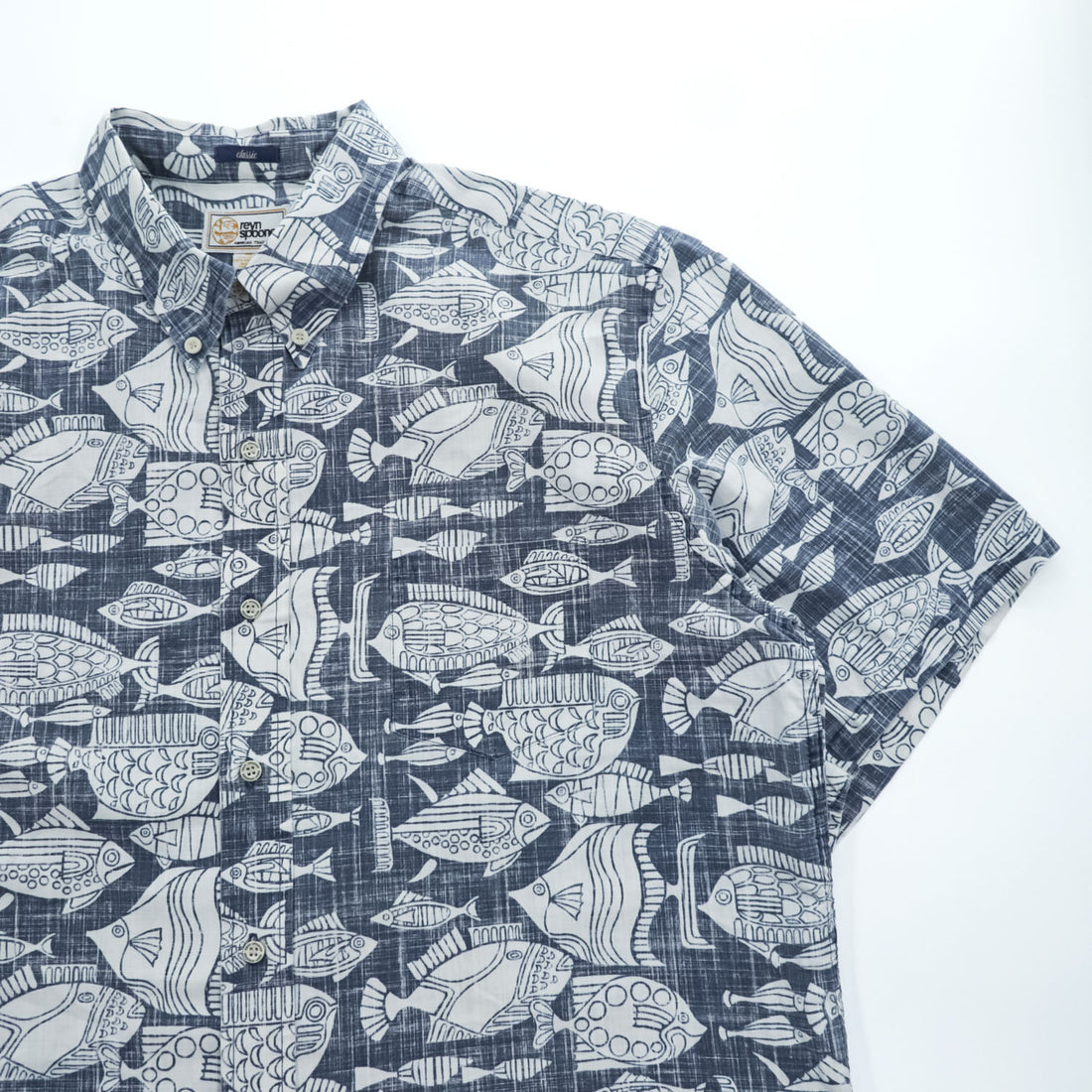 reyn spooner 90年代 ヴィンテージ アロハシャツ 半袖シャツ XL インディゴ ブルー 総柄 CLASSIC ビキニタグ ボタンダウン 魚
