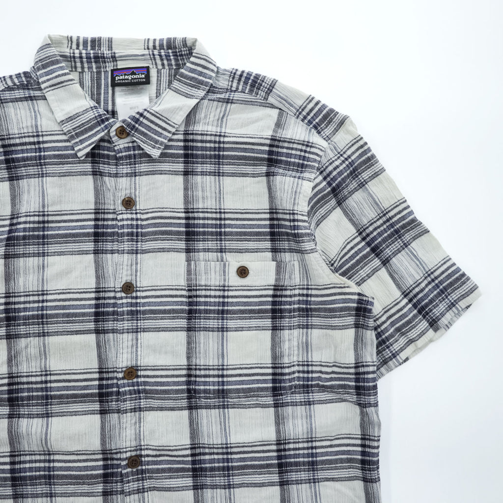 Patagonia オーガニックコットン 半袖チェックシャツ L ホワイト ネイビー 胸ポケット 52921