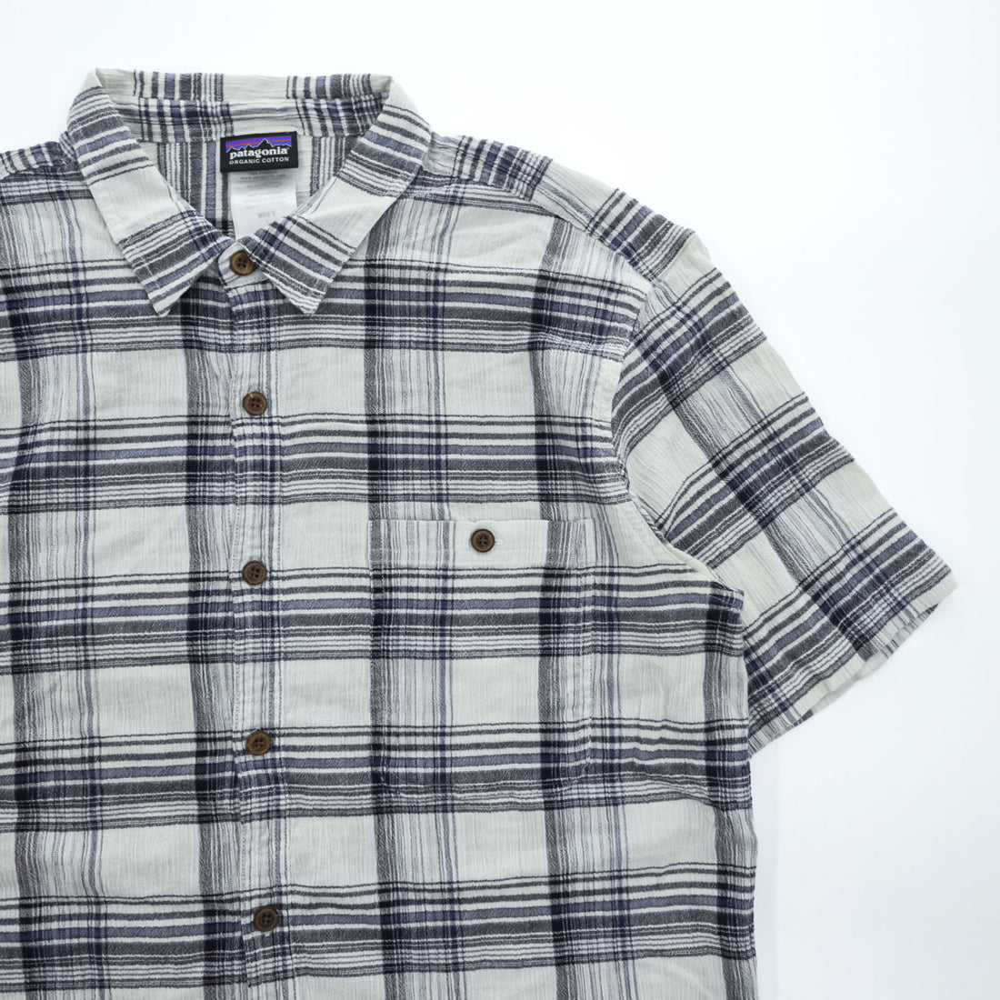 Patagonia オーガニックコットン 半袖チェックシャツ L ホワイト ネイビー 胸ポケット 52921