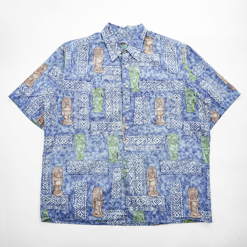 reyn spooner 80年代 ハワイ USA製 ヴィンテージ アロハシャツ 半袖シャツ XL ブルー 総柄 シングルステッチ ダイヤモンドヘッドタグ
