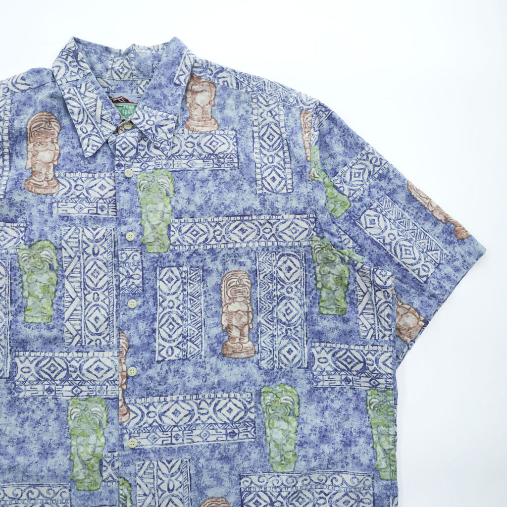 reyn spooner 80年代 ハワイ USA製 ヴィンテージ アロハシャツ 半袖シャツ XL ブルー 総柄 シングルステッチ ダイヤモンドヘッドタグ