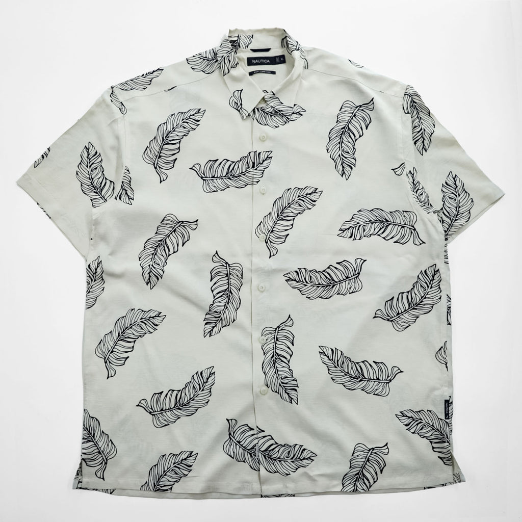 NAUTICA 100%シルク 半袖シャツ XL ホワイト 総柄 EASY CARE SILK リーフ